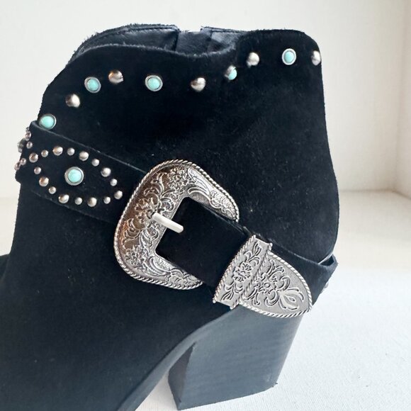 Jessica Simpson Black Suede Silver tone Buckle  Stud Detail Pointy Toe Booties 8 - Picture 5 of 9